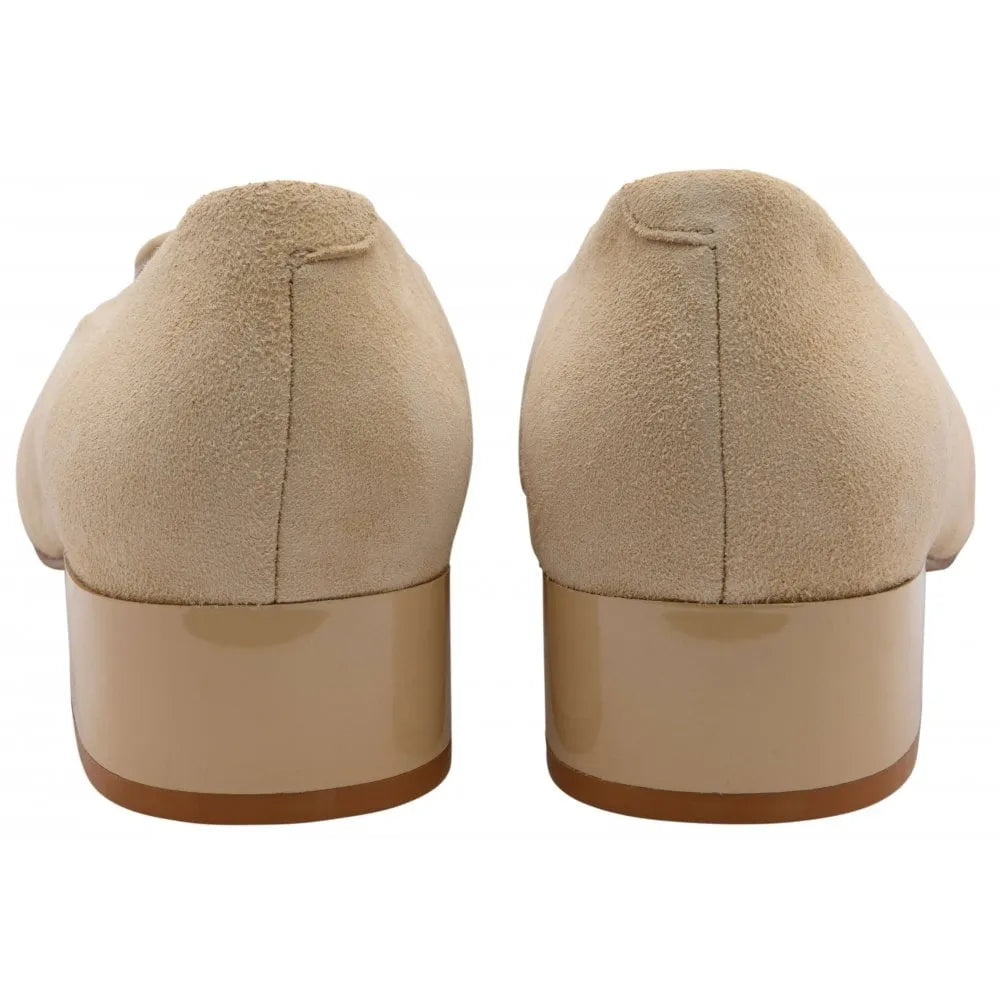 Lotus Valentina women's nude suede slip-on shoes with chunky heel, back view, stylish and comfortable footwear.