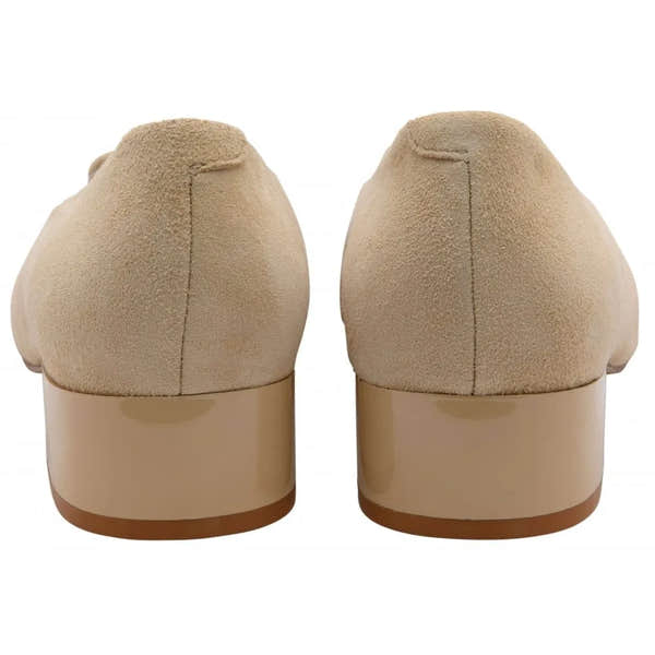 Lotus Valentina women's nude suede slip-on shoes with chunky heel, back view, stylish and comfortable footwear.