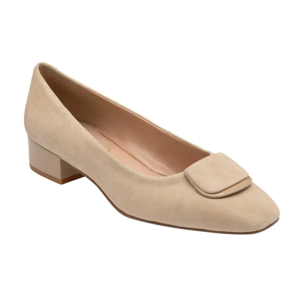 Lotus Valentina women's nude suede slip-on shoes with a low block heel and decorative front flap.