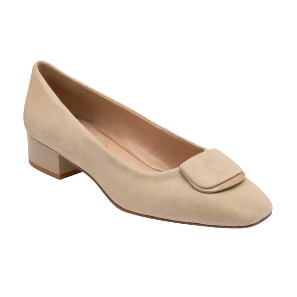 Lotus Valentina women's nude suede slip-on shoes with a low block heel and decorative front flap.