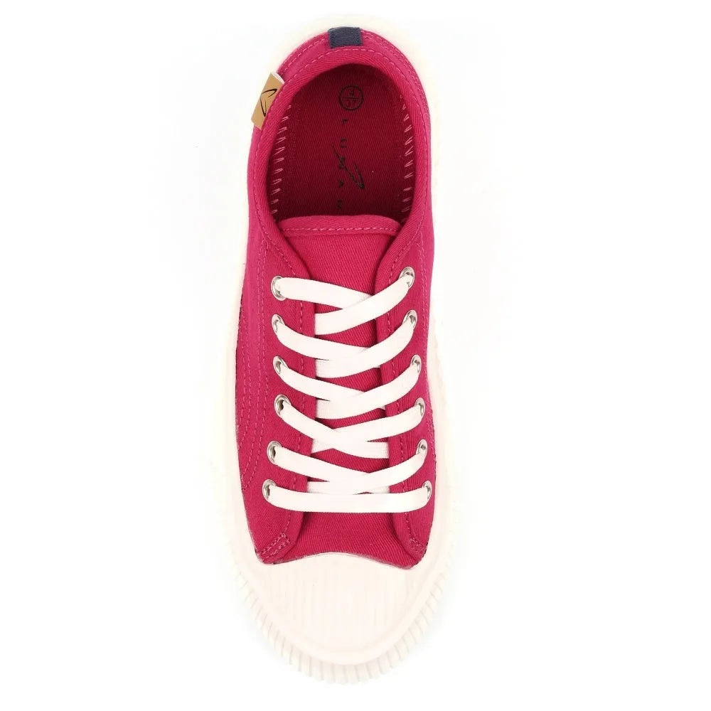 Lunar DLA009 Jayne III Ladies Raspberry Lace Up Trainers, casual canvas shoes with white laces and rubber sole.