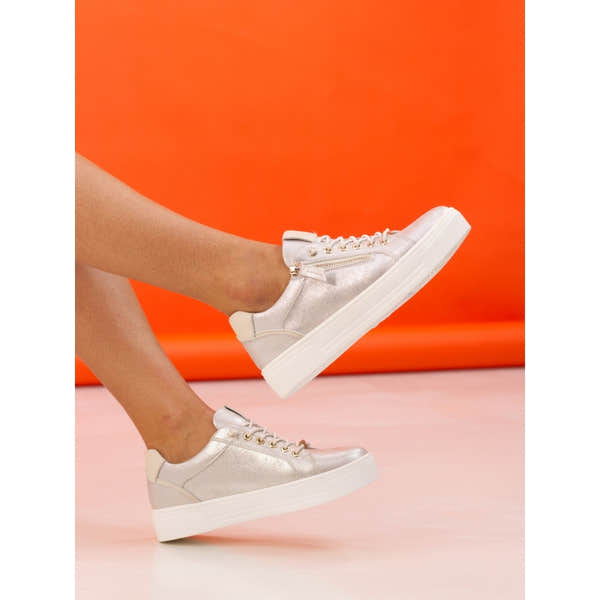 Lunar DLB071GD Albania Ladies Gold Zip & Lace Trainers, stylish metallic sneakers with zip detail and white chunky sole.