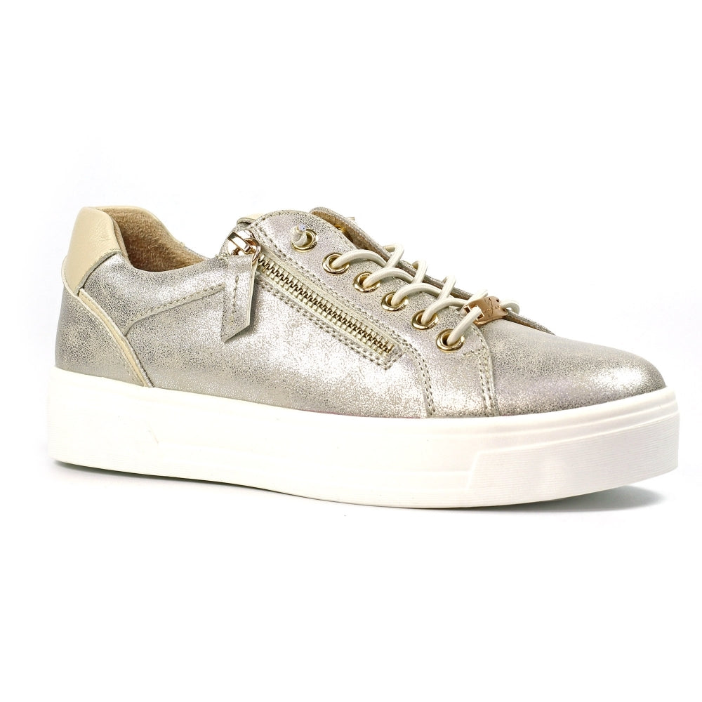 Lunar DLB071GD Albania Ladies Gold Zip & Lace Trainers with metallic finish, side zipper, and white platform sole.