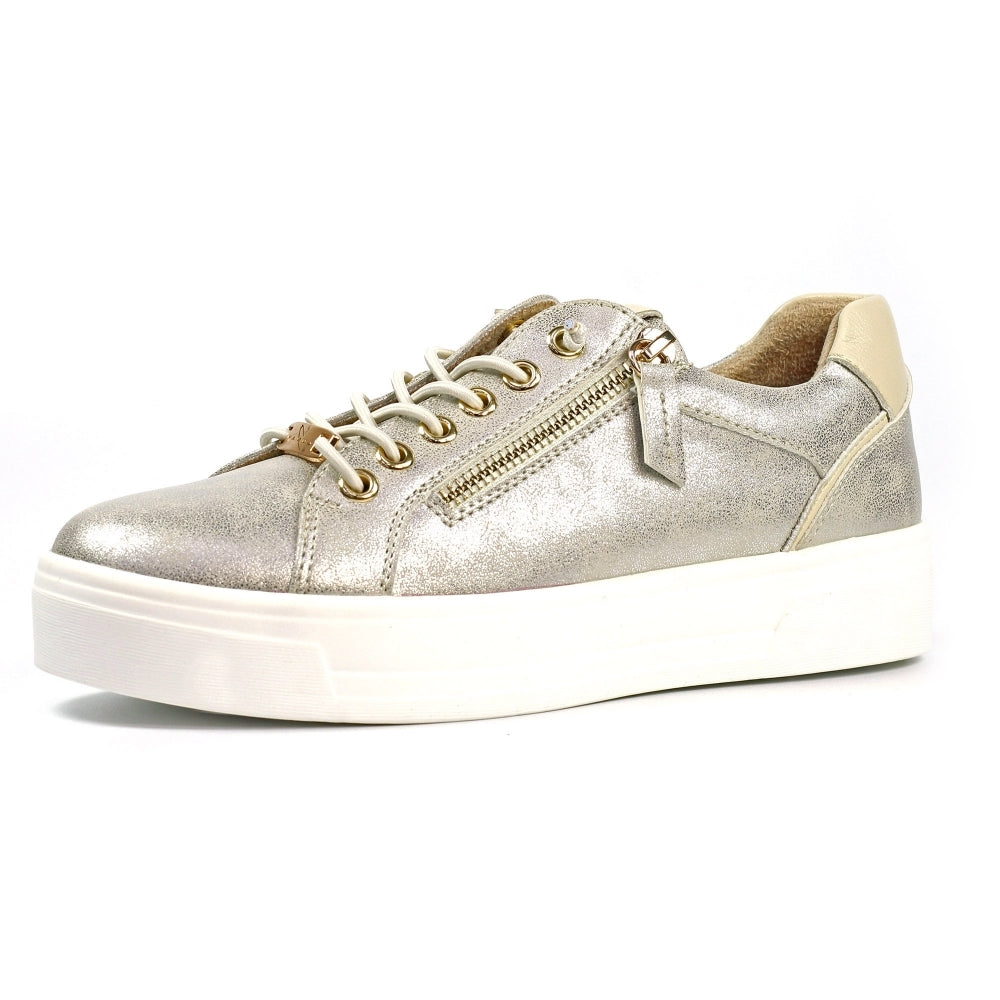 Lunar DLB071GD Albania Ladies Gold Zip & Lace Trainers with sparkling metallic finish, gold zipper, and white sole.