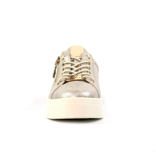 Lunar DLB071GD Albania ladies gold zip and lace trainers, stylish casual sneakers with metallic finish and comfortable rubber sole.