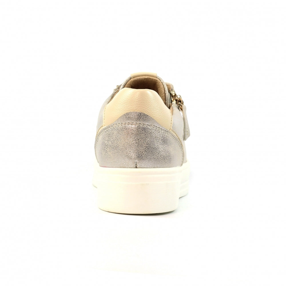 Lunar DLB071GD Albania Ladies Gold Zip and Lace Trainers, back view, metallic accents, comfortable casual footwear.