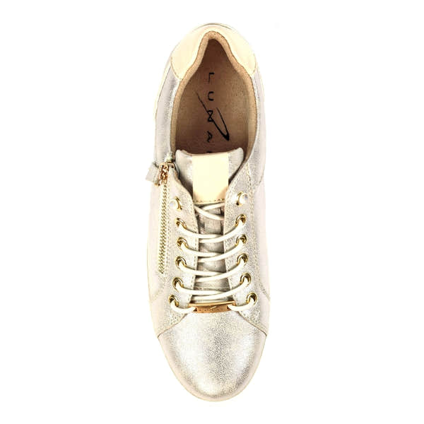 Lunar DLB071GD Albania ladies gold zip and lace trainers with metallic finish and stylish design.