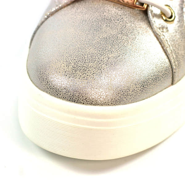 Lunar DLB071GD Albania Ladies Gold Zip & Lace Trainers, metallic gold design, casual slip-on sneaker with lace-up detail.