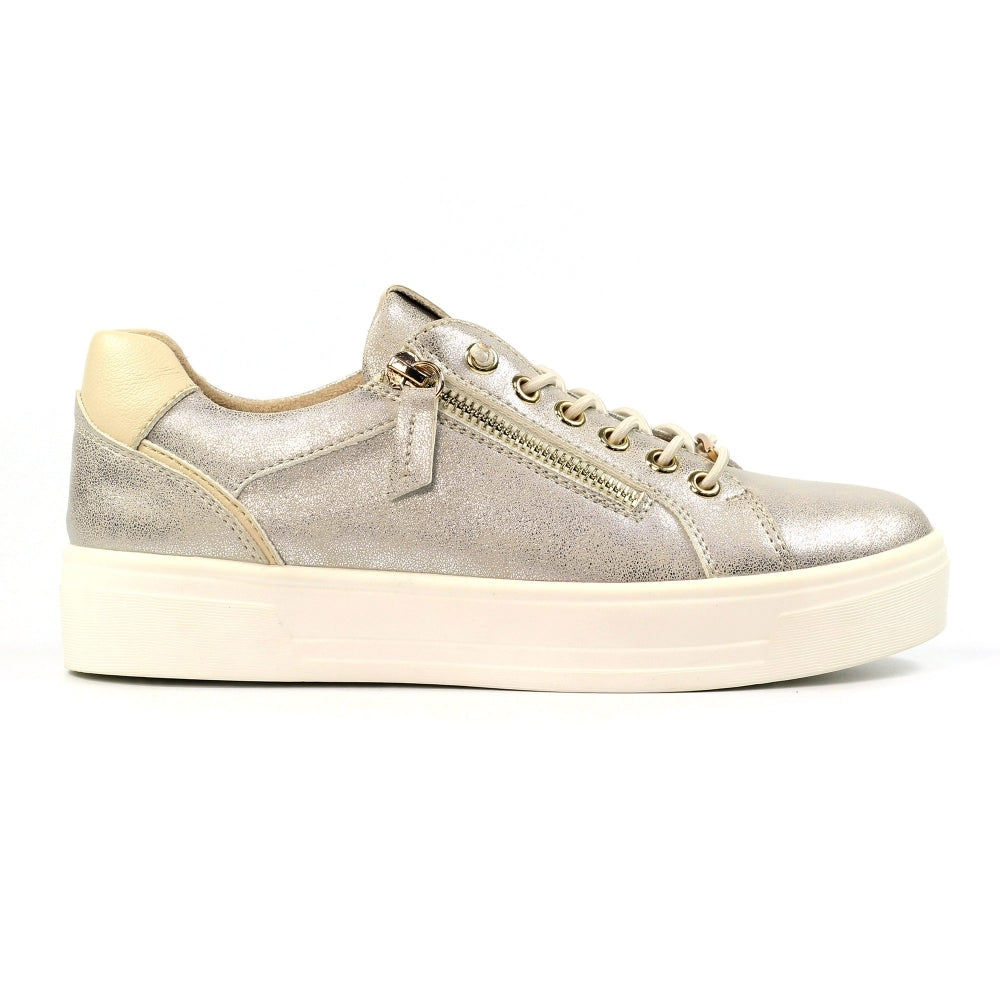 Lunar DLB071GD Albania Ladies Gold Zip & Lace Trainers, metallic gold sneakers with side zipper, lace-up front, and chunky white sole.