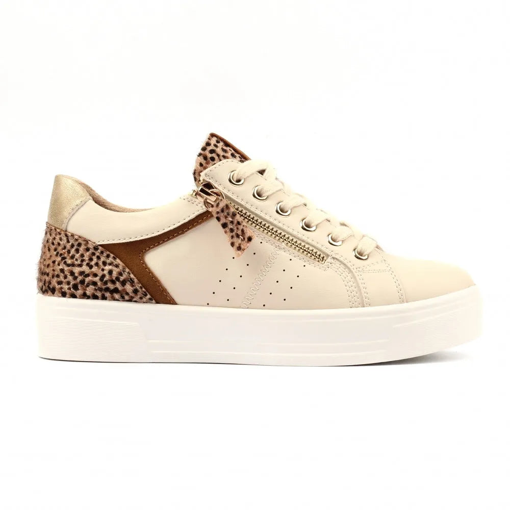 Lunar DLB101 Presley Ladies Cream Lace-Up Sneakers with leopard print accents and side zipper, cushioned sole, stylish casual footwear.