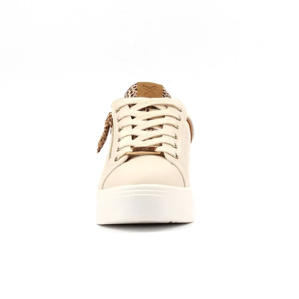 Lunar DLB101 Presley Ladies Cream Lace-Up Trainers with lace-up closure, faux leather and leopard print accents.