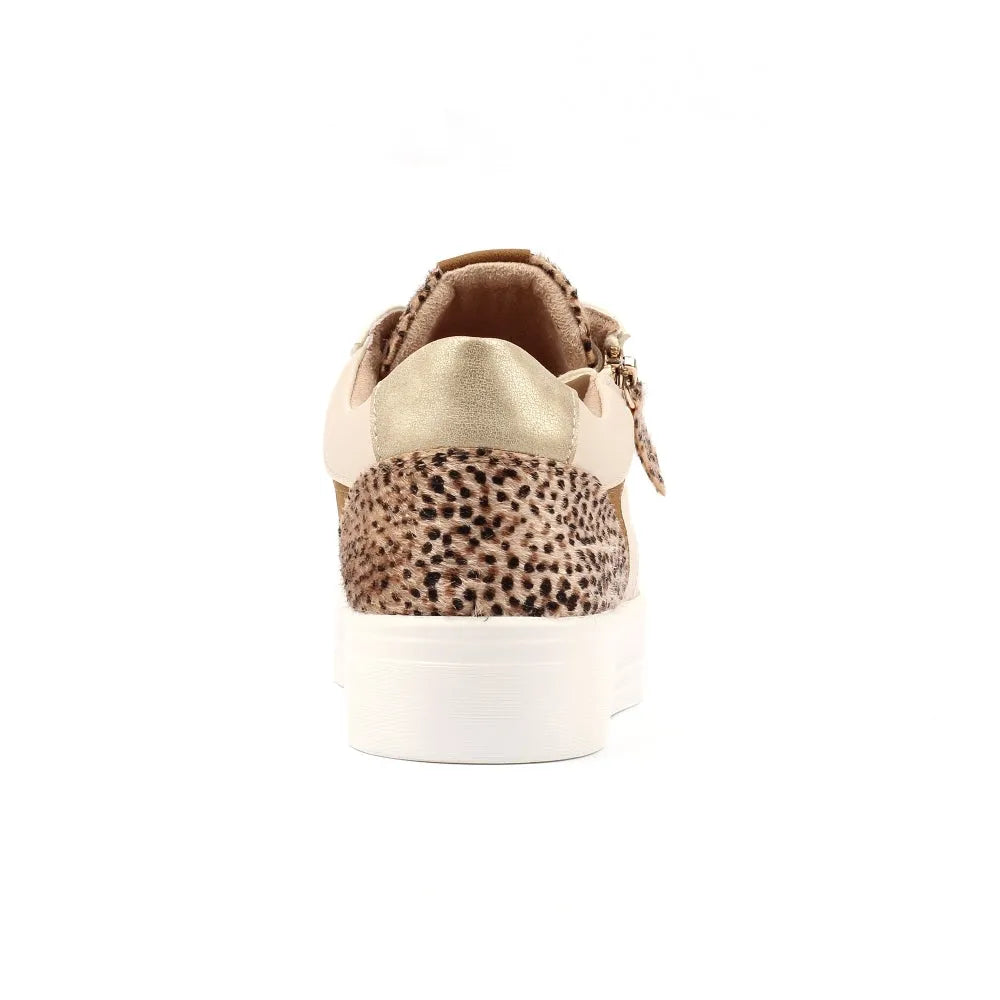 Lunar DLB101 Presley Ladies Cream Lace-Up Trainers with leopard print heel, gold accents, and white sole.