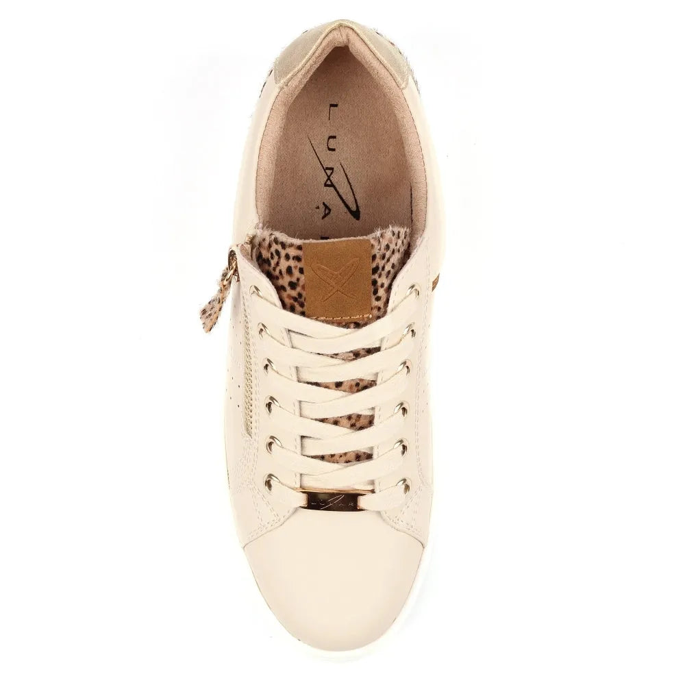 Lunar DLB101 Presley Ladies Cream Lace-Up Trainers with leopard print accents and side zipper detail.