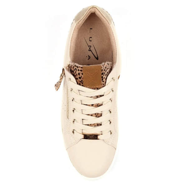 Lunar DLB101 Presley Ladies Cream Lace-Up Trainers with leopard print accents and side zipper detail.