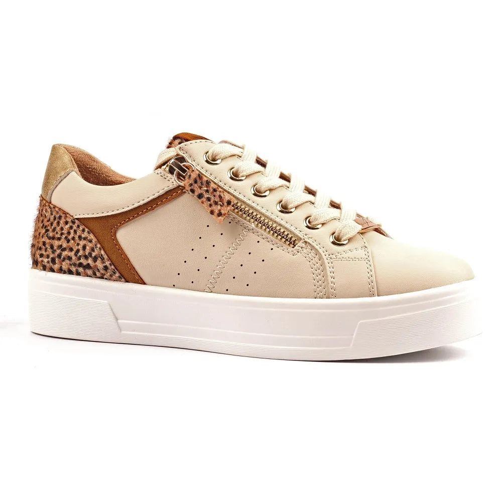 Lunar DLB101 Presley Ladies Cream Lace-Up Trainers with Leopard Print and Gold Zipper Detail.