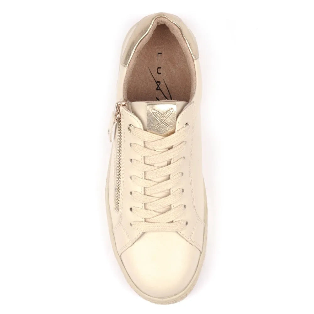 Lunar DLB108 Hallie Ladies Beige Zip and Lace Trainers, supportive sneakers with lace-up front and side zipper, stylish and comfortable.
