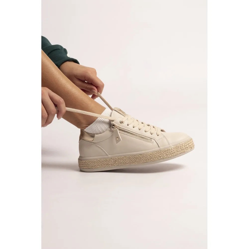 Lunar DLB108 Hallie Ladies Beige Zip & Lace Trainers, sporty casual sneakers with lace-up and side zipper, chunky woven sole.