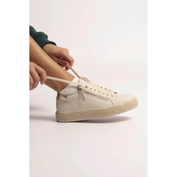 Lunar DLB108 Hallie Ladies Beige Zip & Lace Trainers, sporty casual sneakers with lace-up and side zipper, chunky woven sole.