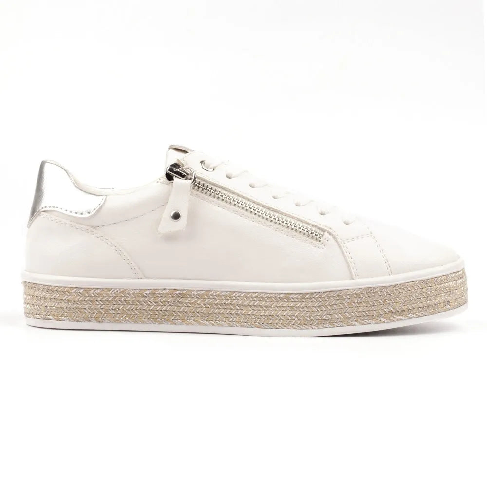 Lunar DLB108 Hallie Ladies White Zip & Lace Sneakers with woven espadrille-style sole and silver heel detailing.