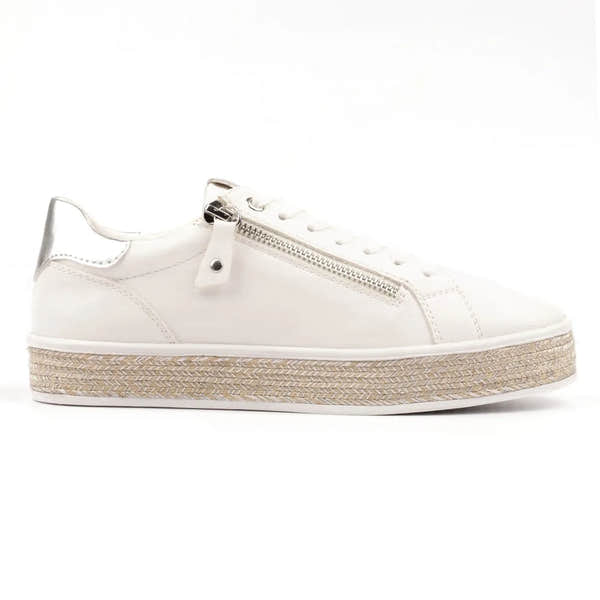 Lunar DLB108 Hallie Ladies White Zip & Lace Sneakers with woven espadrille-style sole and silver heel detailing.
