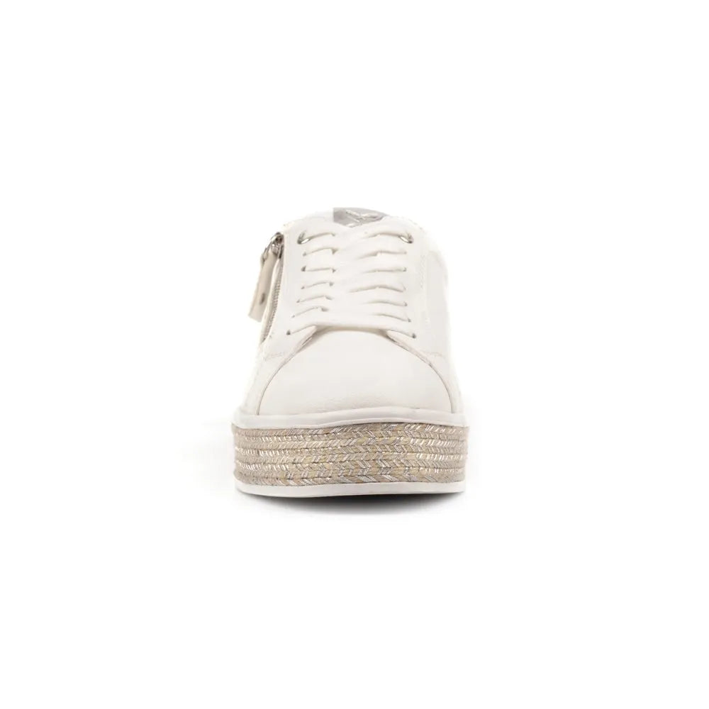 Lunar DLB108 Hallie Ladies White Zip & Lace Trainers with woven platform sole, lace-up design, and zip closure.