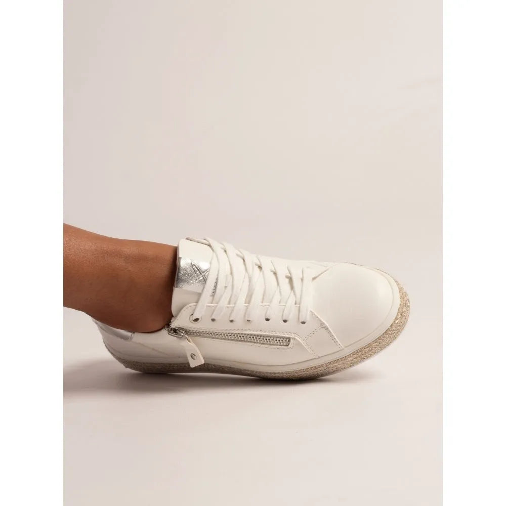 Lunar DLB108 Hallie Ladies White Zip & Lace Trainers with lace-up design and side zipper for casual wear.