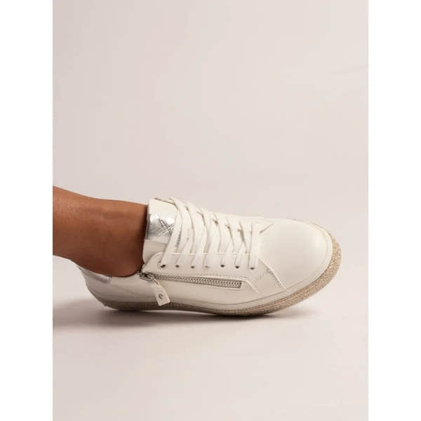 Lunar DLB108 Hallie Ladies White Zip & Lace Trainers with lace-up design and side zipper for casual wear.