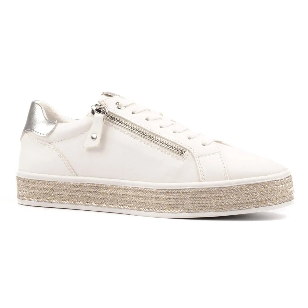 Lunar DLB108 Hallie Ladies White Zip & Lace Trainers with silver heel detail and woven platform sole.