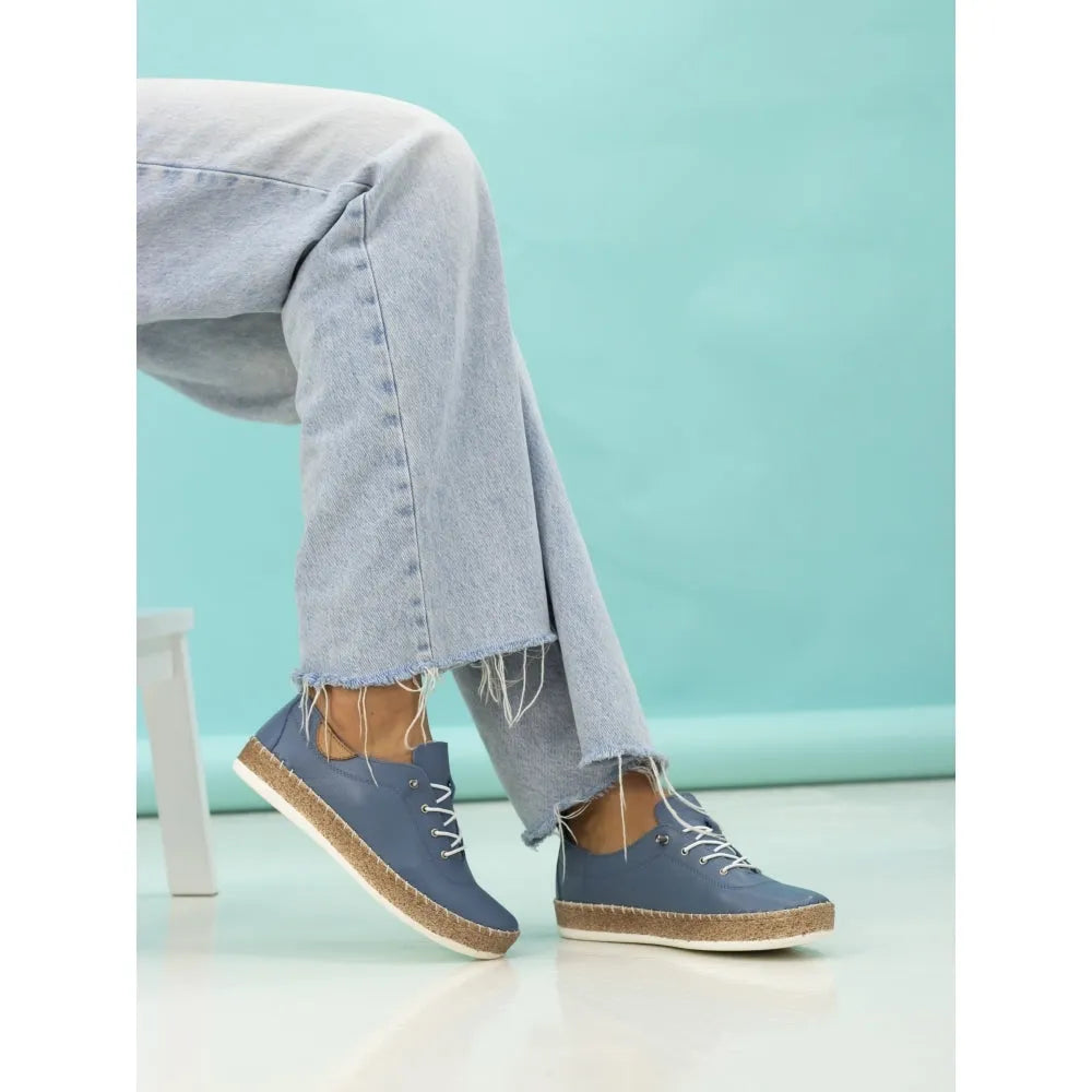 Lunar FLE050 Evie ladies' mid blue leather elasticated shoes with casual slip-on design and textured sole.