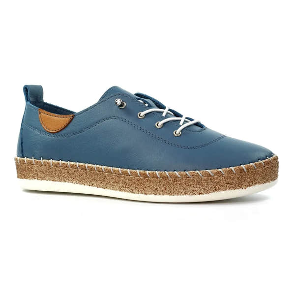 Lunar FLE050 Evie Ladies Mid Blue Leather Elasticated Shoes with a rugged sole and stitching detail.