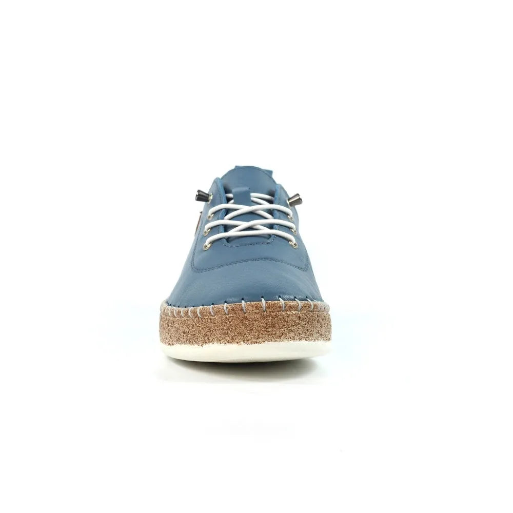 Lunar FLE050 Evie Ladies Mid Blue Leather Elasticated Shoes with white laces and cushioned sole.