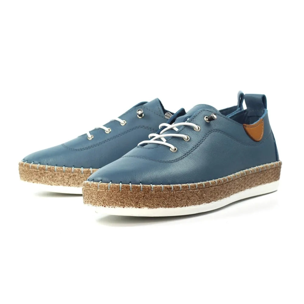 Lunar FLE050 Evie ladies mid blue leather casual shoes with elasticated sides and white laces.