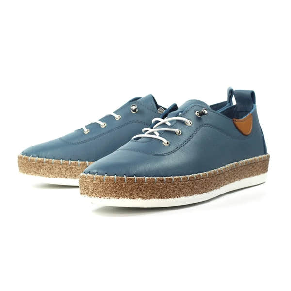 Lunar FLE050 Evie ladies mid blue leather casual shoes with elasticated sides and white laces.
