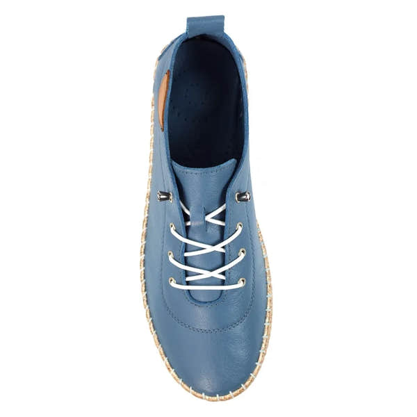 Lunar FLE050 Evie Ladies Mid Blue Leather Elasticated Shoes with white laces and stitched sole.