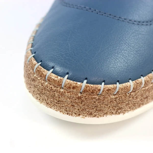 Lunar FLE050 Evie ladies' mid blue leather shoes with elasticated detail and a textured rubber sole.