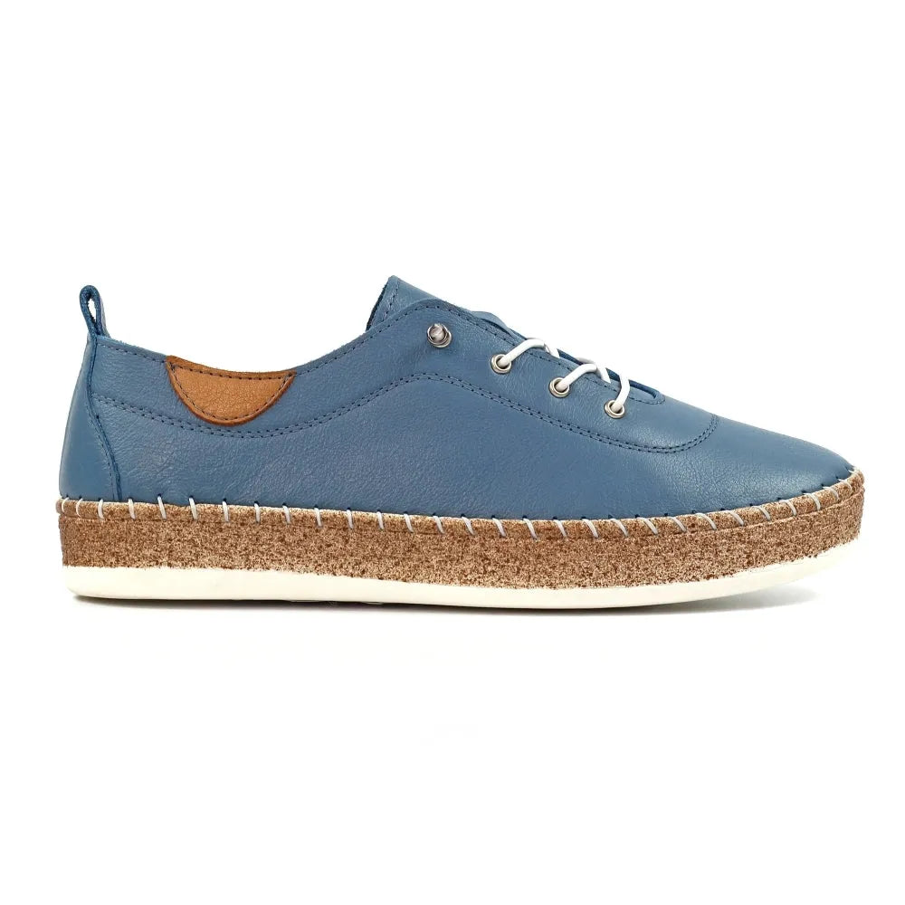 Lunar FLE050 Evie ladies' mid-blue leather elasticated shoes with brown accents and a textured rubber sole.