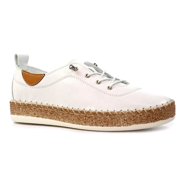 Lunar FLE050 Evie women's white leather elasticated shoes with brown heel detail and textured sole.