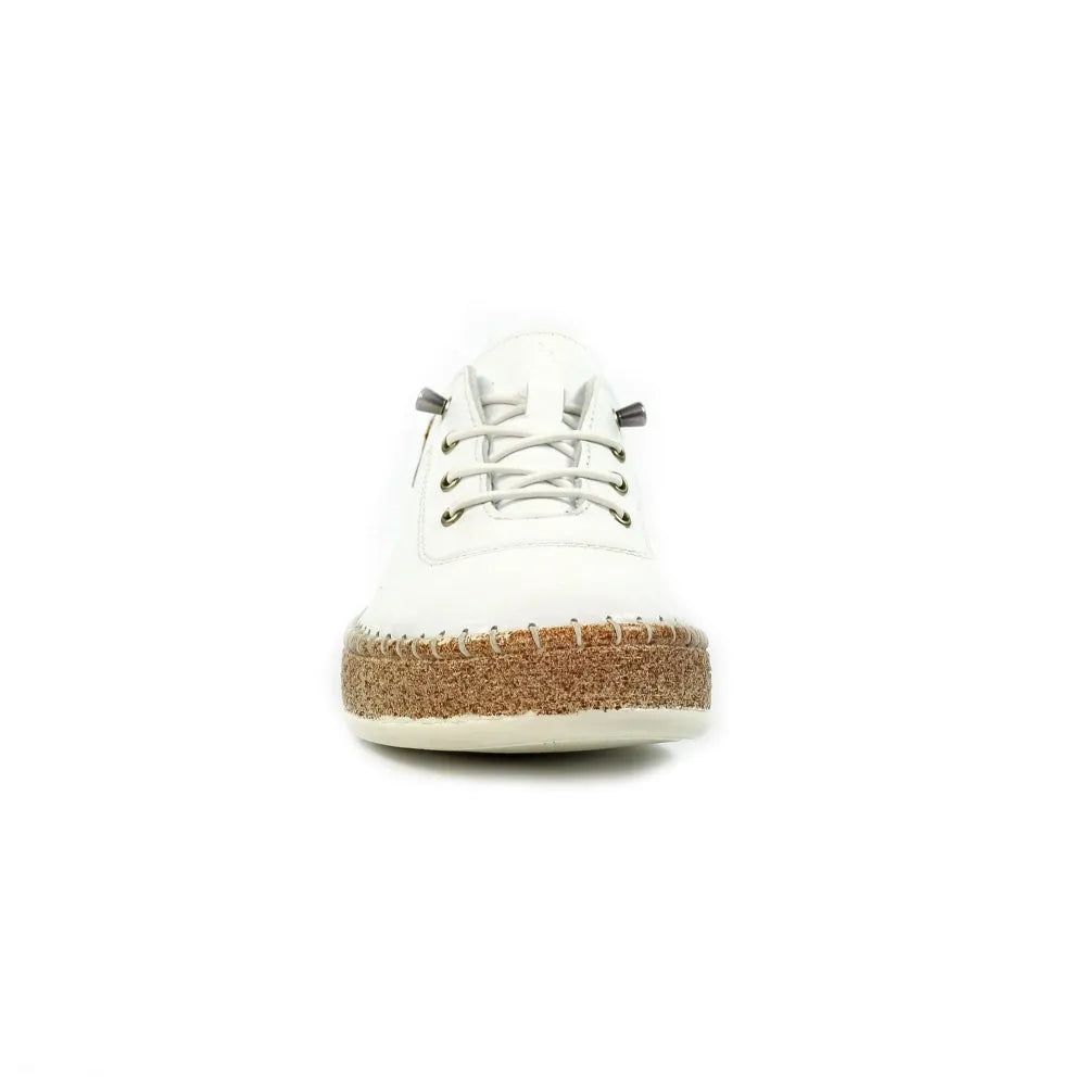 Lunar FLE050 Evie women's white leather elasticated slip-on shoes with jute wedge sole and lace-up front.