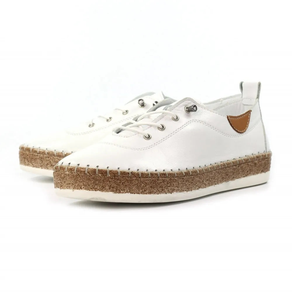 Lunar FLE050 Evie Ladies White Leather Elasticated Shoes with brown accent and cork platform sole.