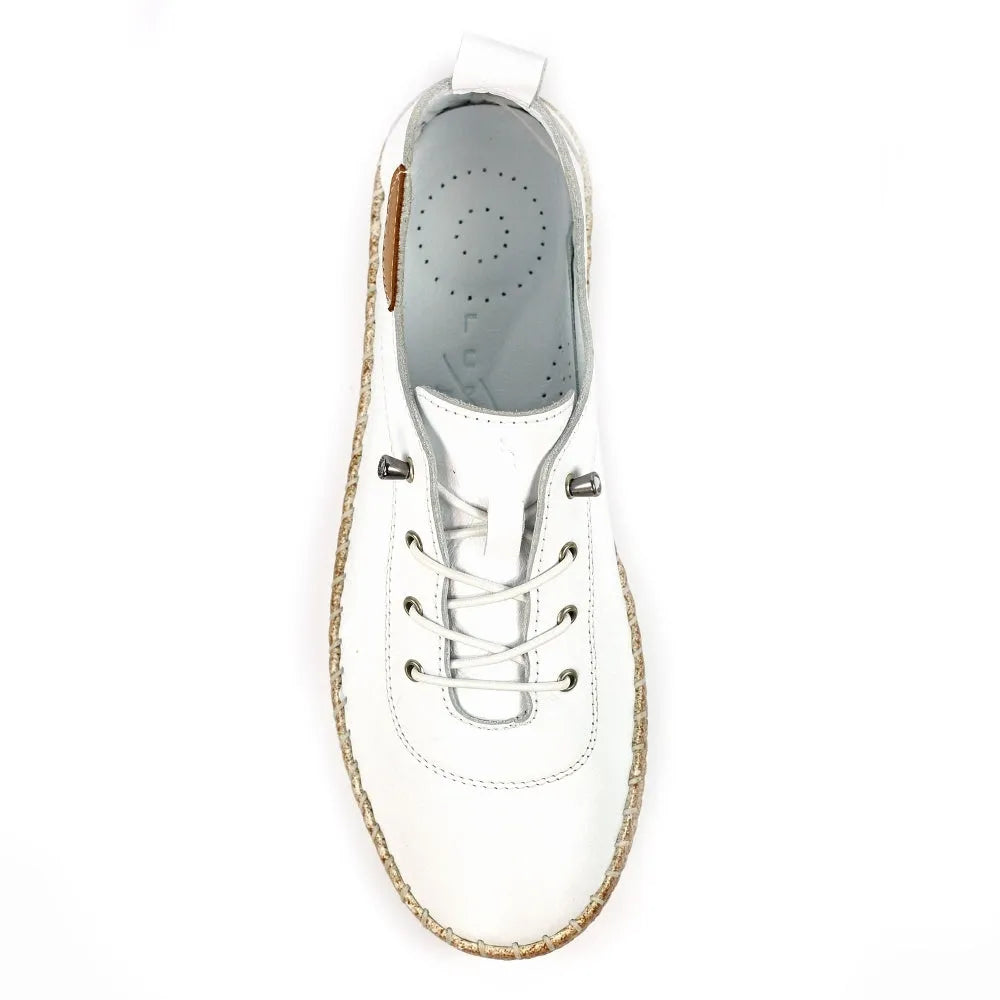 Lunar FLE050 Evie Women's White Leather Elasticated Casual Shoes with Jute Sole, top view.
