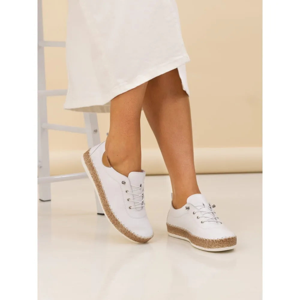 Lunar FLE050 Evie Women's White Leather Elasticated Sneakers with Natural Rope Sole.