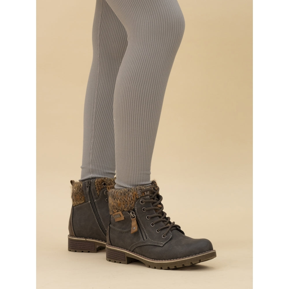 Lunar GLB123 Millie Ladies Grey Waterproof Lace & Zip Ankle Boots with Faux Fur Collar, rugged sole, and low heel.