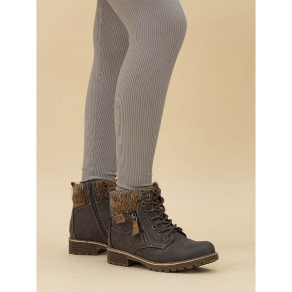 Lunar GLB123 Millie Ladies Grey Waterproof Lace & Zip Ankle Boots with Faux Fur Collar, rugged sole, and low heel.