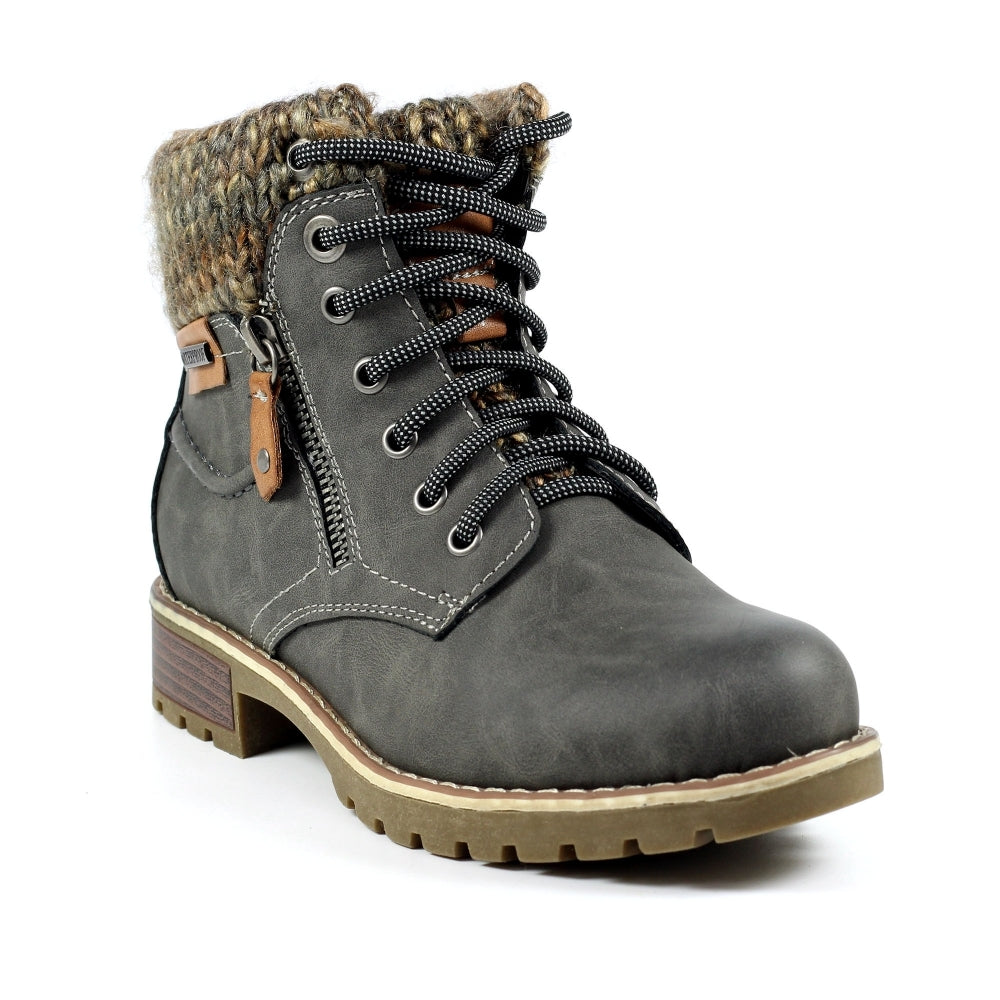 Lunar GLB123 Millie Ladies Grey Waterproof Lace-Up Ankle Boots with zipper and knit collar, rubber outsole, stylish and durable.