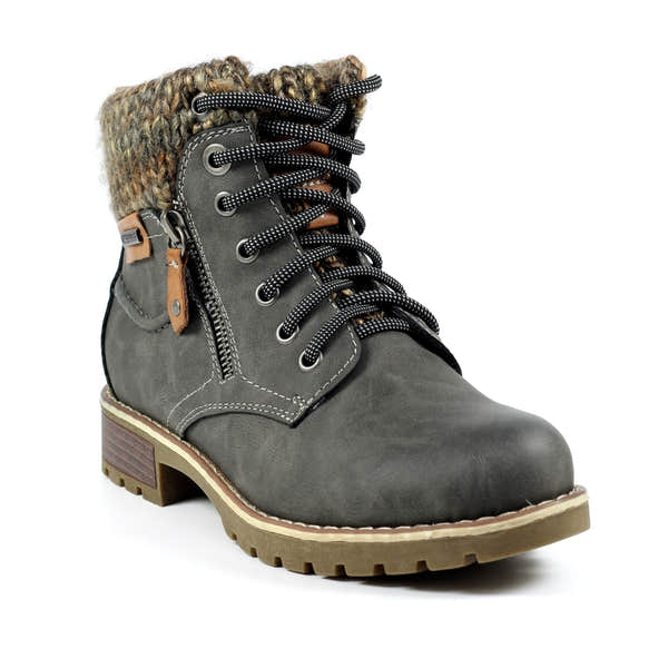 Lunar GLB123 Millie Ladies Grey Waterproof Lace-Up Ankle Boots with zipper and knit collar, rubber outsole, stylish and durable.