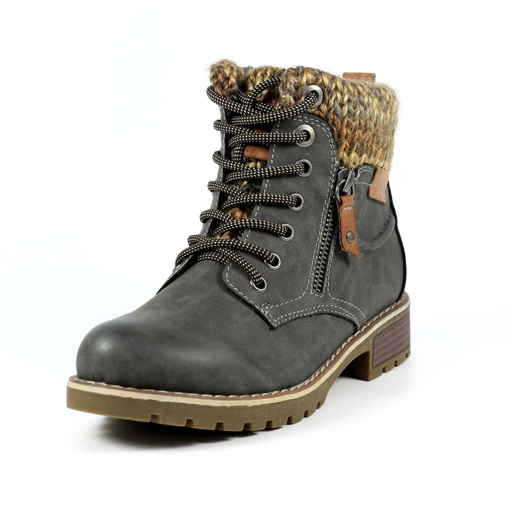 Lunar GLB123 Millie Ladies Grey Waterproof Lace-Up Ankle Boots with zip, knitted collar, and chunky heel.