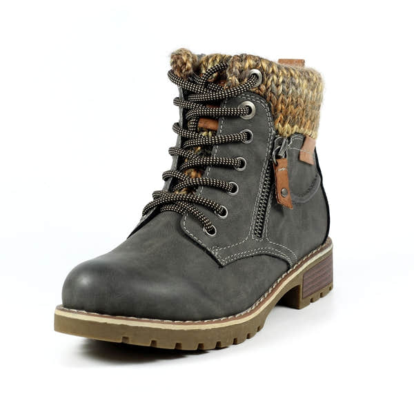 Lunar GLB123 Millie Ladies Grey Waterproof Lace-Up Ankle Boots with zip, knitted collar, and chunky heel.