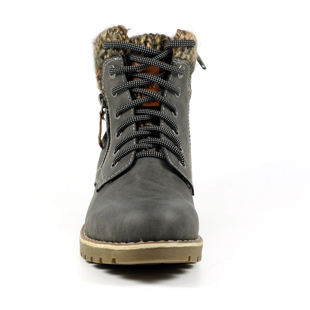Lunar GLB123 Millie Ladies Grey Waterproof Ankle Boots with Zip and Lace, Fur Trim, Rugged Sole, Stylish and weather-resistant footwear.