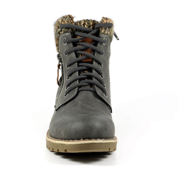 Lunar GLB123 Millie Ladies Grey Waterproof Ankle Boots with Zip and Lace, Fur Trim, Rugged Sole, Stylish and weather-resistant footwear.