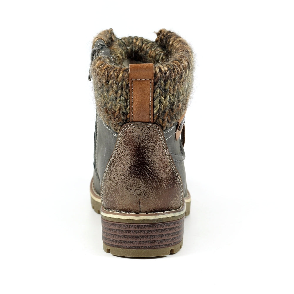 Lunar GLB123 Millie ladies grey waterproof ankle boots with zip, lace-up design, chunky heel, and faux fur collar.